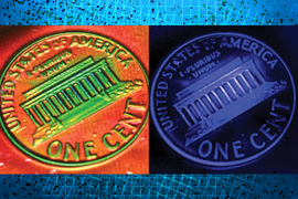 At left, a penny’s impression is outlined in green and yellow on a red background. At right, the same impression is light blue and the background is dark blue.