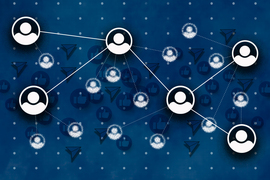 Illustration shows People Icons connected by lines in a social network, on blue background