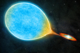 The huge sun-like star, left, looks like a blue balloon that turns orange as it’s being sucked into the tiny white dwarf’s orbit. The white dwarf looks like a mini-galaxy, with a blue center and orange rings. The background is black with tiny stars.