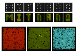 white nanoparticles in square containers with black backgrounds spell "MIT NANO" on top. Three larger containers with nanoparticles in red, green, and blue at bottom
