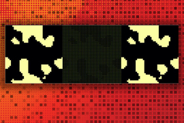 Against a red background, 2 outer boxes show blobby pixelated yellow shapes on black, and the central box shows the same blobby shapes except made of ‘1’s  on a field of ‘0’s.