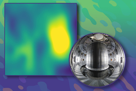 2 inset images on a decorative background. Left image shows a blurry green-blue image with a yellow blob. Right image is a fish-eye view of the shiny, metallic Tokamak device.