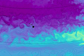 Purple and teal video still details the eddies, mapped using contour lines and color, of the North Pacific Ocean, around a tiny Hawaii, in black. 