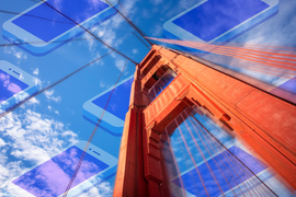A collage shows a view of the Golden Gate Bridge from below, with cell phones in the sky