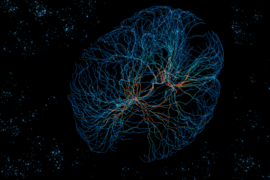 The foreground is a brain made of thread-like neural networks in blue and red. Circular lights blink on some neurons. Decorative black background.