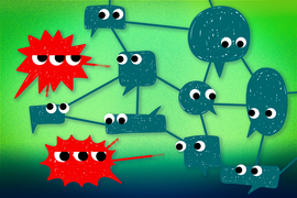 Blue speech bubbles with inquisitive eyes are connected in a network. Red speech bubbles are not connected and have 3 eyes, symbolizing misinformation.