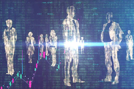 Silhouettes of people made of computer code