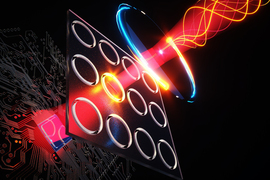 3-D rendered illustration shows terahertz illumination entering from top right side as a beam of pink light with yellow curves inside. It passes through transparent materials with illuminated rings, down to the bottom left of the image, where it’s detected by a blue computer chip.