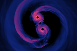 2 black holes next to each other, with pink and purple cloudy light touching and spinning around them.