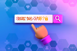 A hand icon clicks on a search box. The search box has garbled letters and a lock icon. Background has medical icons.