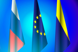 The Russian, European, and Ukrainian flags.