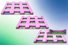 A pink wafer has square holes in a grid. The wafer is repeated 3 times. On top left, green and white atoms randomly float around the wafer. In the middle, the atoms line up inside the square holes in triangular formations. On the right, a closeup shows the perfectly lined-up rows of atoms.