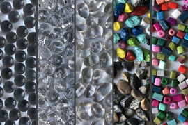 5 vertical photos show granular objects: marbles, glass beads, seaglass, rocks, and plastic beads.