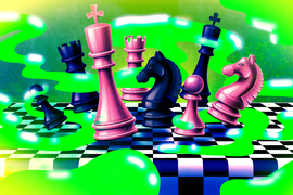 Chess pieces float above a never-ending checkerboard. Toxic green gas floats around the image.