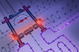 Rendering shows a unique thermometer with various transparent tubes snaking out. Purple energy flows and connects two sides of the thermometer, and the temperature is hot.