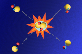 Big yellow and small red molecules collide in the middle of the image, in a burst. 4 arrows indicate the back-and-forth reactions that this collision causes.