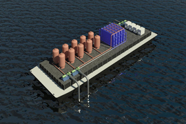 A rendering of a simple platform on the ocean shows various parts of the new method: orange barrels to hold carbon dioxide, a blue grid-like device that captures carbon dioxide, and pipes that pump ocean water in and clean water out.