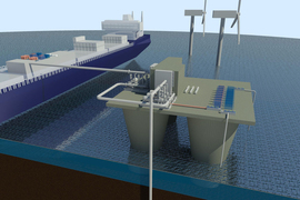 On left, a large ship pumps carbon dioxide via a pipe to the platform on right. The platform has a blue grid-like device to remove the carbon dioxide. The platform also has a pipe going into the ocean floor that allows for carbon dioxide to be pumped underground for geological storage.