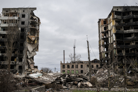 Apartment building destroyed through war in Ukraine.