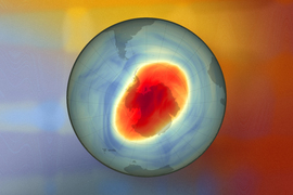A map shows a large red splotch with blurry yellow border, the ozone hole, on top of the South Pole, on decorative background.