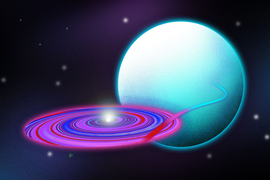 In black space, the accretion disk is represented as a flat swirling disk with blue, pink red colors, and in the middle of it is tiny, glowing white sphere, the neutron star. Behind the accretion disk is a large teal sphere, the sun-like star. A teal noodle flows from the star to the accretion disk, representing the material drawn away from the star.