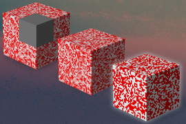Three red-and-white cubes with mosaic squares lie diagonally against a gradient gray background. The top left cube shows a gray square at corner. The bottom cube has an outer white glow and is not blurred.