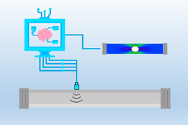 Diagram shows an illustrated computer monitor with antenna on top and an illustrated brain connected to three boxes displayed on screen. The bottom of monitor connects to a metal pipe through a series of circuit lines with signal symbol at end. A line connects from the right side of monitor to metal pipe that is filled with blue, green, and white oval at center.