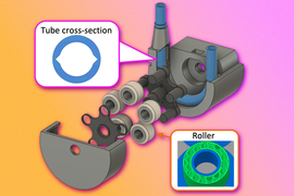The isometric rendering of the 3D-printed vacuum pump shows all the parts, including the housing, lid, rotor, and sample holder. 2 insets show the “tube cross-section” and the “roller,” which is colored green and has many ridges inside chambers.
