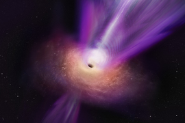 A black hole, in center, has a swirling sherbet galaxy around it. Above and below, a jet of purple and white light emerges from both sides of the black hole.