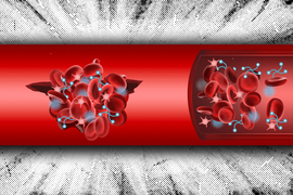 A tubular red vein is on a decorative background. Inside, 2 clumps of red blood cells are clotting, thanks to two types of nanoparticles, depicted as light blue and white icons.