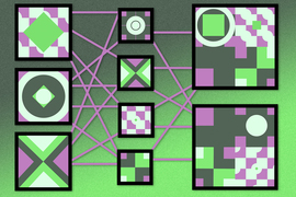A neural network with lines connecting square nodes in 3 rows. The squares have different scenes of bold shapes in grey, pink and green. On the right row, there are two large square nodes with more complex arrangements of shapes.