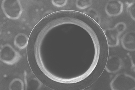 A SEM image shows the end of one of the rods, as if looking into a hollow pipe.