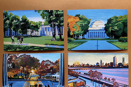 Four postcard-sized prints of paintings of scenery from MIT’s campus: students walking across Killian Court, MIT’s Great dome with Killian Court in foreground, sun setting behind autumn leaves in front of MIT’s main entrance, snow on the Charles River with Boston skyline in the background.
