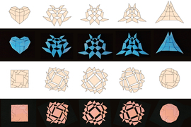 4 rows show kirigami objects transforming. On top is an illustrated rendering of a how a heart transforms into a triangle; the row below then has photographs showing the same movements using blue paper. The bottom rows show an illustrated rendering of a square transforming into a circle-like shape; and then a row shows photographs of the same transformations on pink paper.