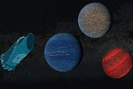 Illustration shows the Kepler Space Telescope, left floating next to a blue planet, a grey planet, and a red planet of similar sizes.