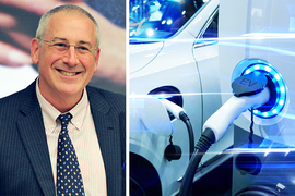 Portrait of Charles Fine on left, and on right a rendering of a vehicle at an EV charging station with light effects.