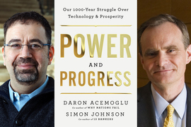 On left and right are portraits of Acemoglu and Johnson. In middle, is the cover of their book, which says in black and in golden embossed letters, “Our 1000-year Struggle over Technology & Prosperity; Power and Progress; Daron Acemoglu, co-author of Why Nations Fail; Simon Johnson, co-author of 13 Bankers.”