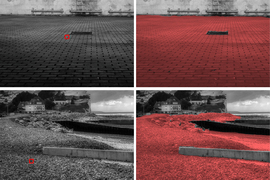 On the top row, the first image shows a brick walkway, with a brick highlighted in a red square. The next image shows all the bricks in the scene are colored red. On bottom, a beach scene shows how the rocky sand can be highlighted.
