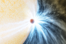 A dynamic rendering shows, on the left, the edge of a gigantic, yellow spherical star. A tiny red planet is in the middle and has skimmed the star. Rays of white light and blue energy radiate out from their touch.