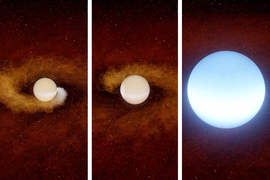 Three side-by-side images show a tiny planet being engulfed by a large star. The first two panels show the small planet trailed by a cloud that spirals around the glowing, beige-colored star. The planet is orbiting the star and getting closer. The last panel shows the star has expanded and brightened, and now glows white and blue.