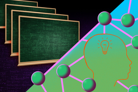 A collage shows, on left, a row of chalk boards with complex math on them. The scene is cut diagonally, and on right is a silhouette of a head looking away from the boards, and a lightbulb is inside the head. The head is connected to the green balls of a neural network.