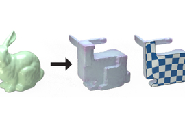 3 renderings show a rabbit figurine; a sharp, blocky version of the rabbit figurine; and the block version sliced like clay showing a white and blue checkerboard pattern that has been stretched and pulled.