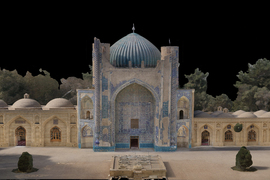The Green Mosque is against a black background, and is light blue and beige. It has a blue dome in the center, and stylized archways.