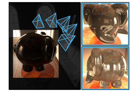 Collage of three images show left-side, front, and right-side views of a round metallic elephant superimposed onto living room image. The left-side view of the elephant is noticeably less shiny than the other two and has five pyramid prisms next to it.