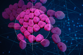 Cluster of pink blobs, depicting the Acinetobacter baumannii bacteria, are on a blue background with laser lines and glowing dots. Slightly left of center is a shooting scope that shows a clear view of the bacteria, while the rest of the background is blurry.