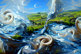 AI image shows a mix between swirling whirlpools, splashes of water, hints of human ears, and green grass.