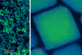 2 microscopic images show green perovskite nanocrystals. On left, at 200nm, are thousands of the nanocrsystals scattered about. On right, at 5nm, is a closeup of one nanocrystal that is shaped like a square with a grid-like surface.