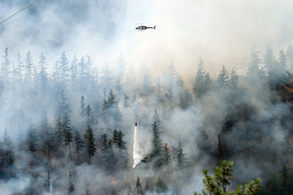 A helicopter drops water on a vast, smokey forest fire