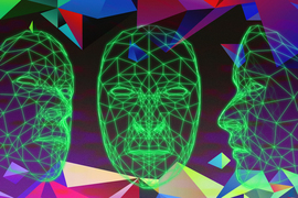 3 faces are made of glowing green lines and rendered in polygons. Floating polygonal shapes appear over the dark purple background.