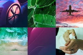 6 photos show, from left to right: the futuristic wheel of car; bright green fields; an airplane in flight. On bottom row you see: ocean waves; a car’s leather seat; and hands applying lotion.